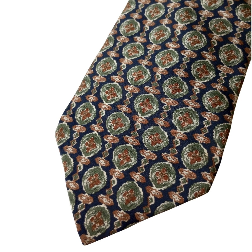 Geoffrey Beene Mens Silk Tie Navy Blue Green Rust Geometric Medallion Italy
